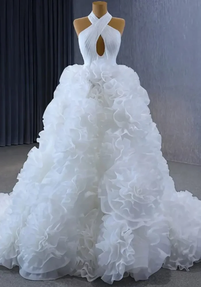 Light Customization Elegant Halter Ruffle Skirt Wedding White Bridal Ball Gowns Full Tulle Sleeveless Wedding Dresses