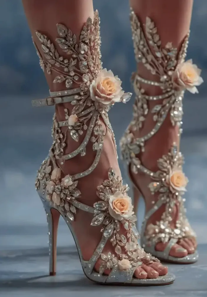 Elegant Wedding Sexy Rhinestone Bedazzled Heels Flower Ankle Wrap Tie up Crystal Strappy Sandals Sparkly Stiletto Prom Shoes