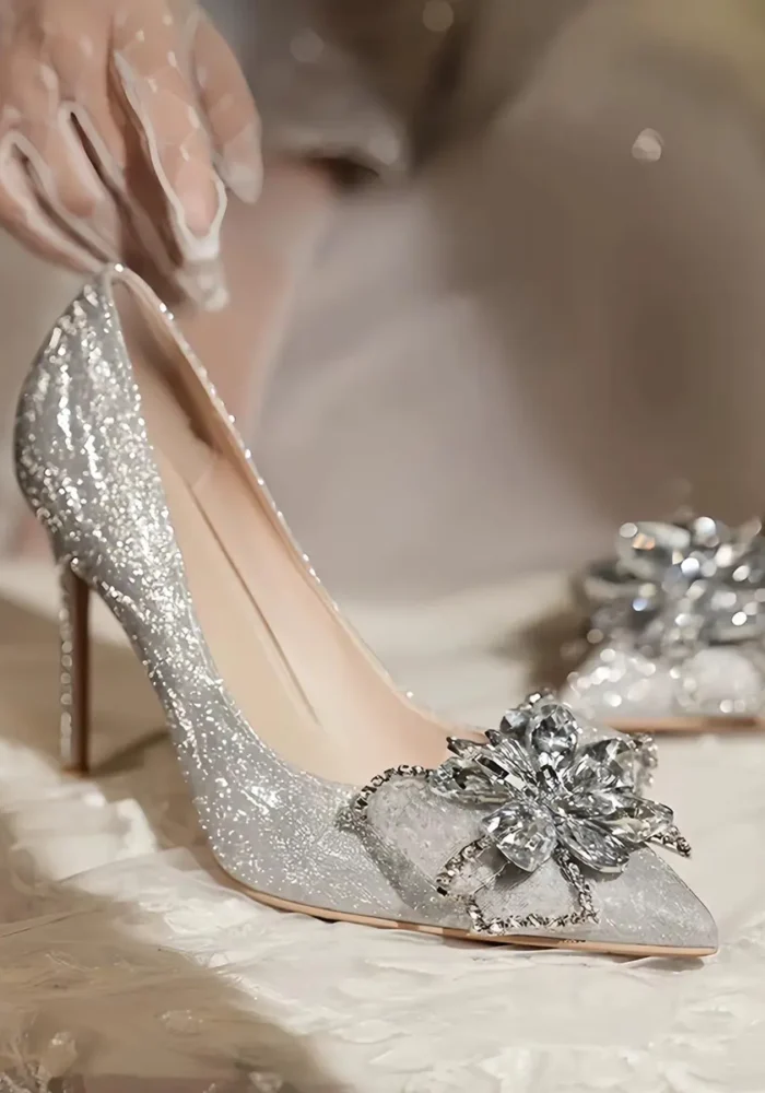 Women Pointed Toe Wedding Shoes for Bride High Heels Rhinestone Bow Glitter Pumps Slip-on Dress Shoes Wedding Stiletto Heels