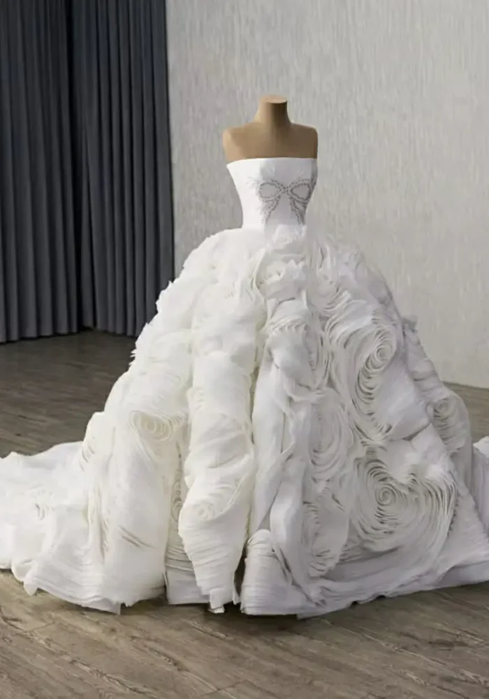 White Beading Pearl Rhinestone Ruffle Flower Wedding Dress