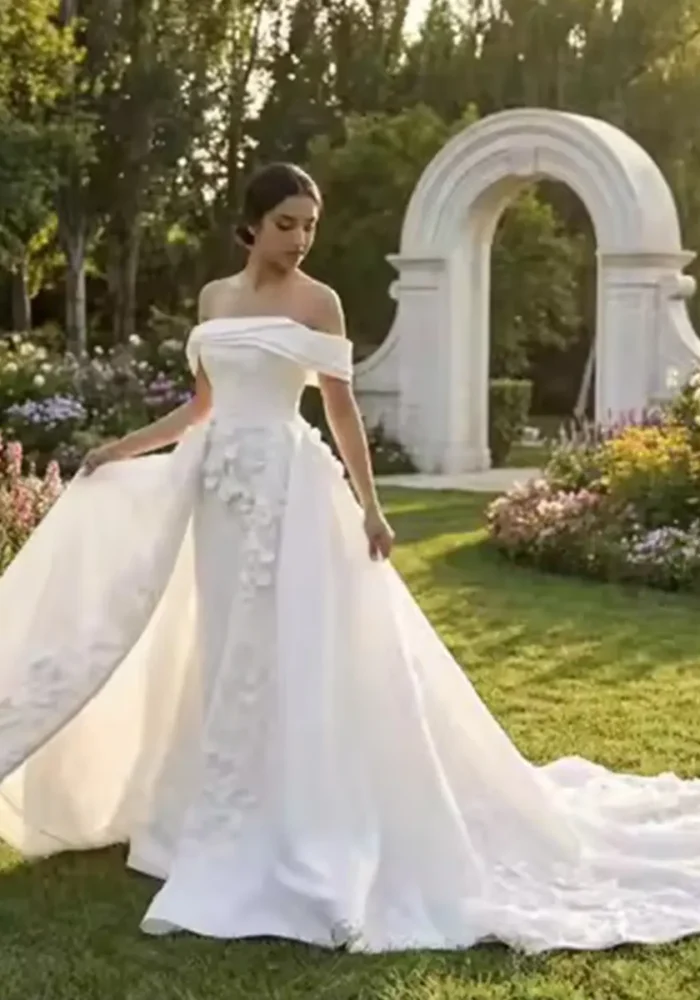 Chic Ivory Floral Applique Off Shoulder Wedding Dress Corset Back Ball Gown Chapel Train Gown