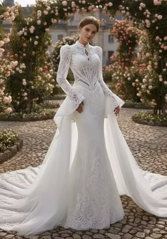 Vintage Modest Lace Wedding Dress with Long Sleeves, Tulle Overskirt & Basque Waist