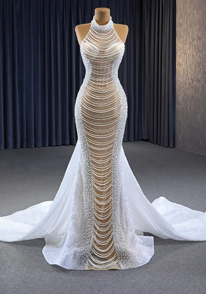 Sheer Pearl Mermaid Wedding Dress with Halter Neck Bridal Dress